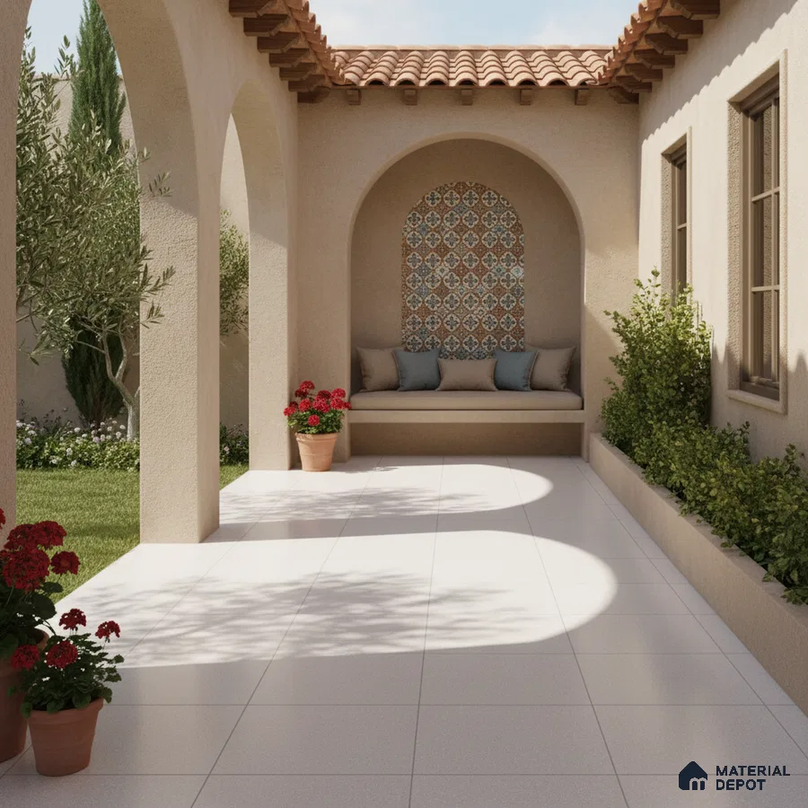 Mediterranean outdoor patio with terracotta roof, patterned moroccan wall tile, and white floor tiles