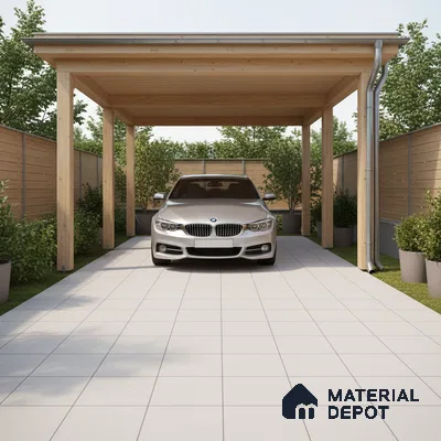Modern parking with light grey outdoor floor tiles and natural wood pergola