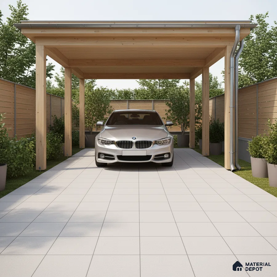 Modern parking with light grey outdoor floor tiles and natural wood pergola