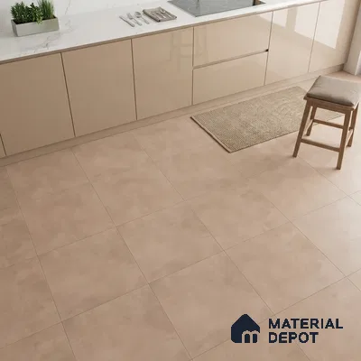 Modern kitchen with beige high gloss laminate cabinets, white marble countertop, and matte beige floor tiles