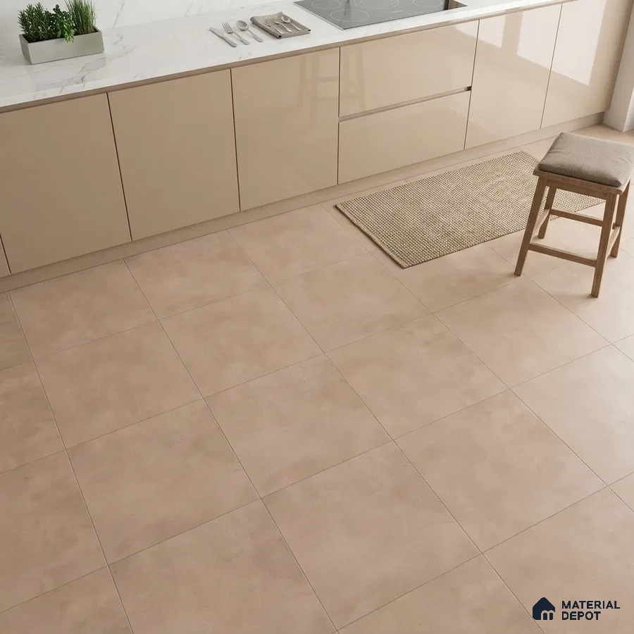 Modern kitchen with beige high gloss laminate cabinets, white marble countertop, and matte beige floor tiles