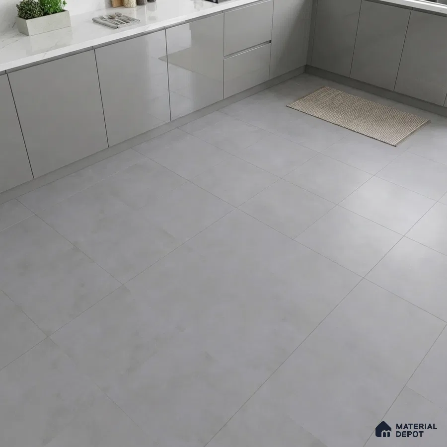 Minimalist kitchen with glossy grey laminate cabinets and matte light grey floor tiles