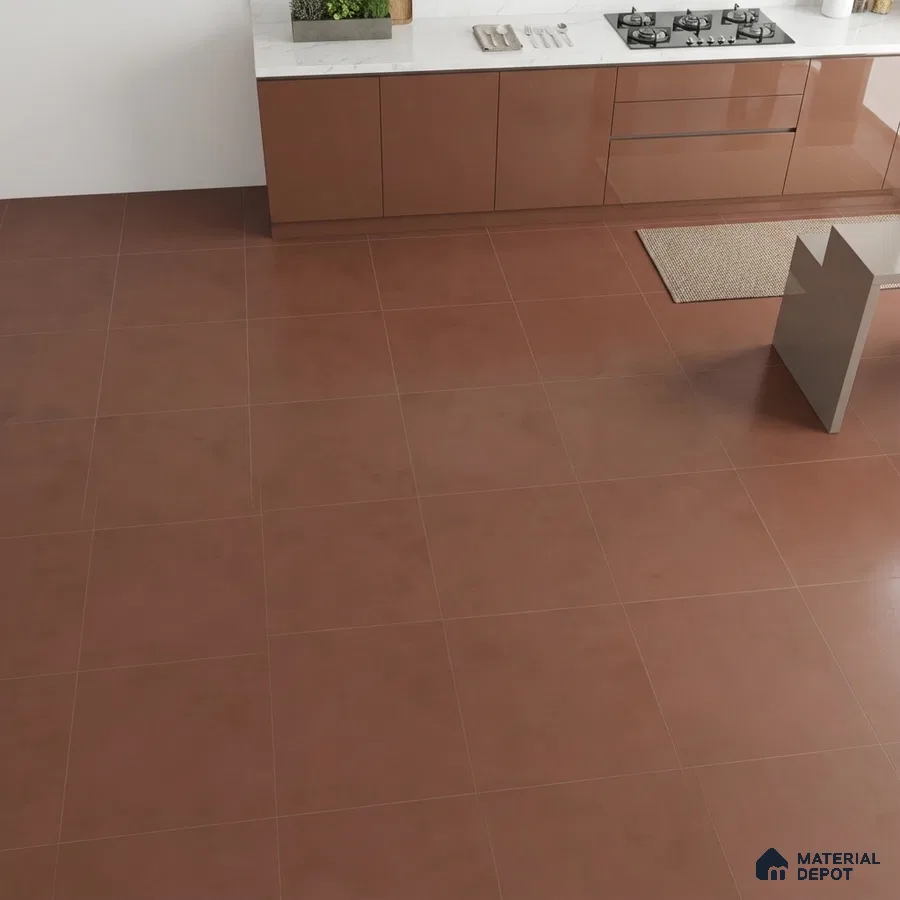 Modern kitchen with terracotta matte floor tiles and glossy brown laminate cabinets