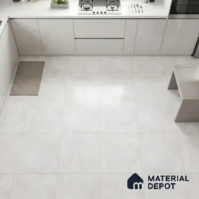 Minimalist kitchen with frosty white laminate cabinets and matte white floor tiles