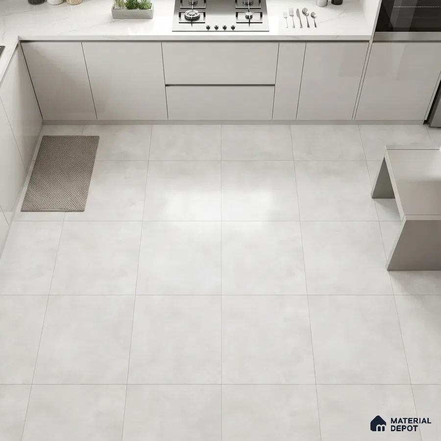 Minimalist kitchen with frosty white laminate cabinets and matte white floor tiles