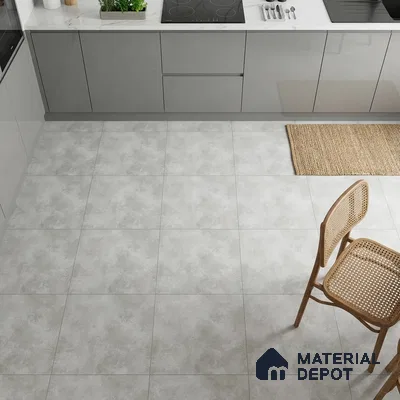 Modern kitchen with grey high gloss laminate cabinets and light grey stone-look floor tiles