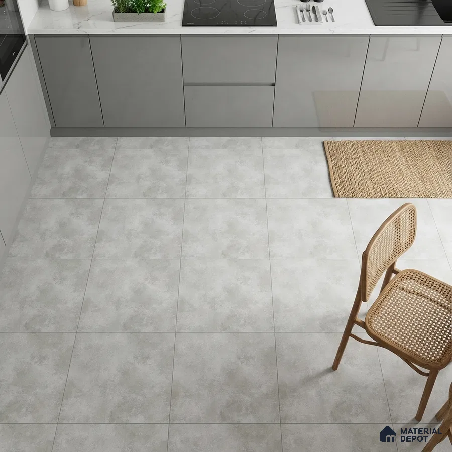 Modern kitchen with grey high gloss laminate cabinets and light grey stone-look floor tiles