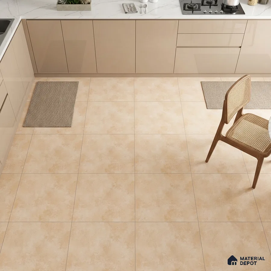 Modern kitchen with beige glossy laminate cabinets, white marble countertop, and cream stone-look floor tiles