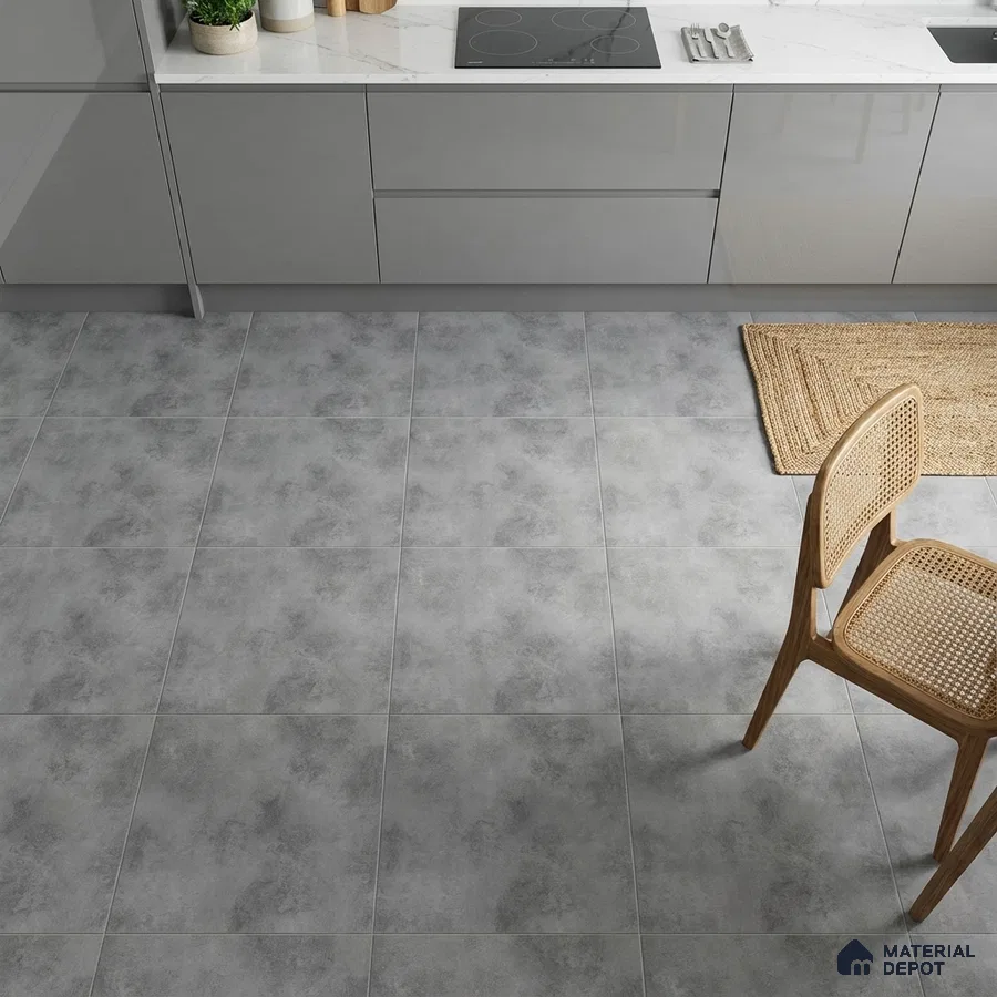 Modern kitchen with grey high gloss laminate cabinets, white marble-look countertop, and light grey stone floor tiles