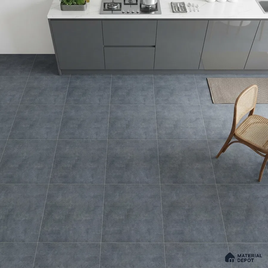 Modern kitchen with grey high gloss laminate cabinets and matte grey stone-look floor tiles