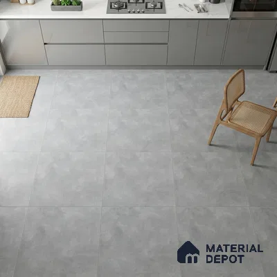 Modern kitchen with grey high gloss laminate cabinets and light grey stone-look floor tiles