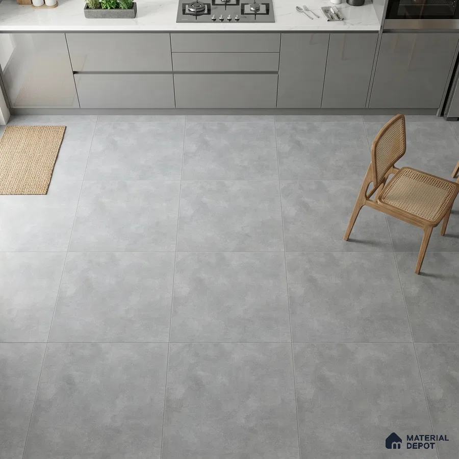 Modern kitchen with grey high gloss laminate cabinets and light grey stone-look floor tiles