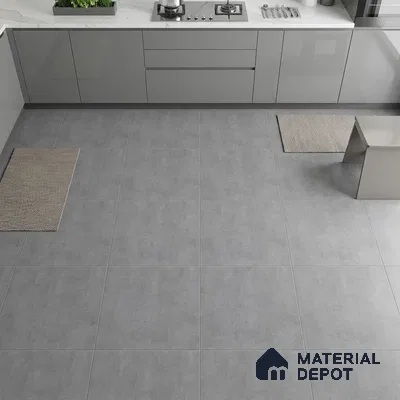 Modern kitchen with grey high gloss laminate cabinets and matte grey stone-look floor tiles