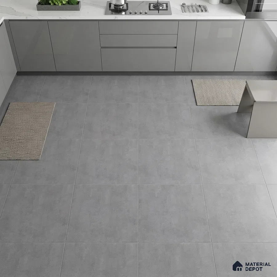 Modern kitchen with grey high gloss laminate cabinets and matte grey stone-look floor tiles