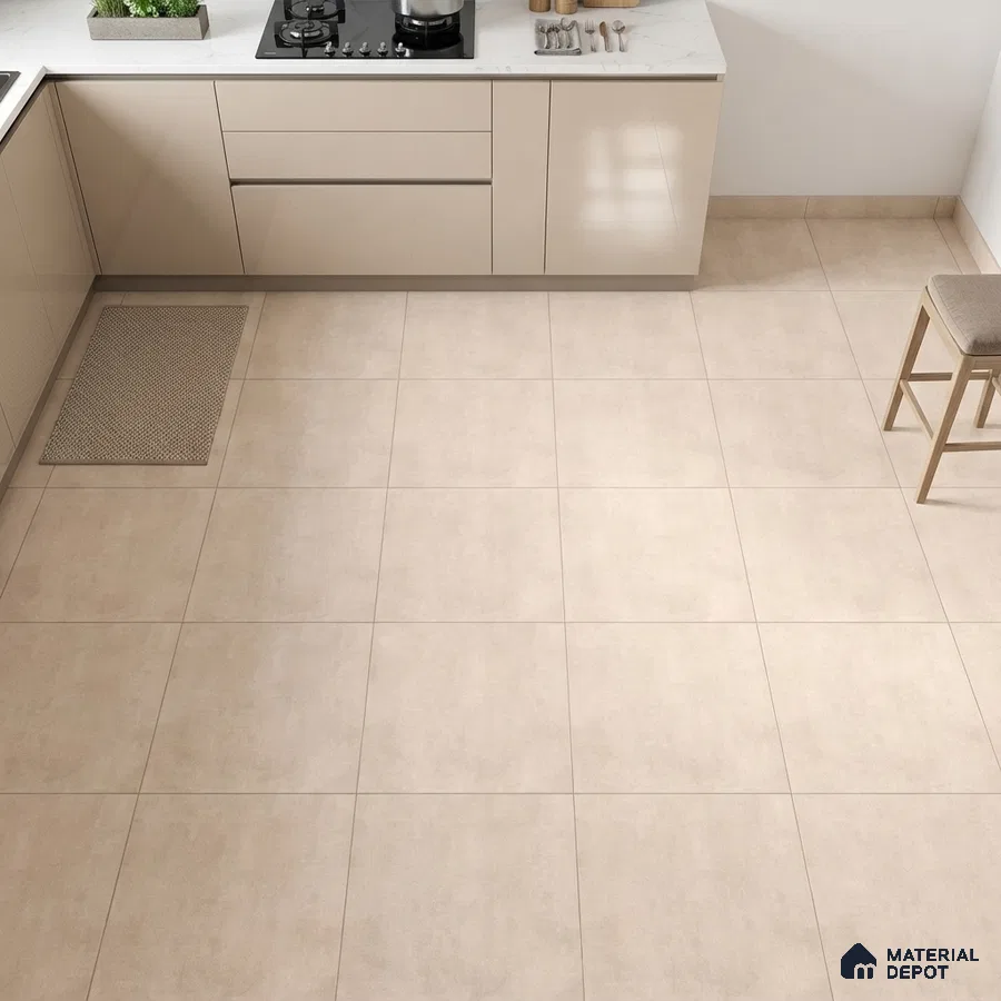Modern kitchen with beige high gloss laminate cabinets and cream matte floor tiles