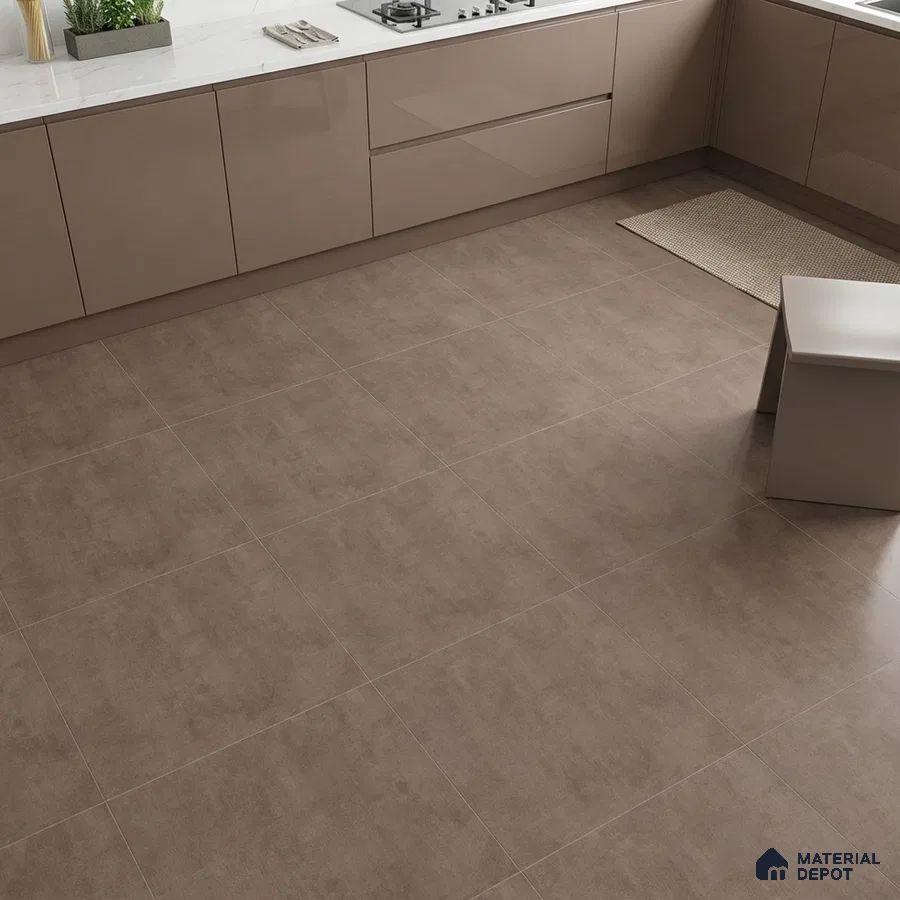 Modern kitchen with taupe high gloss laminate cabinets and matte taupe floor tiles
