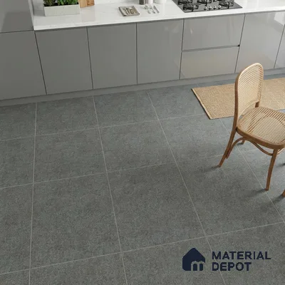 Modern kitchen with grey high gloss laminate cabinets, white marble countertop, and matte grey stone floor tiles
