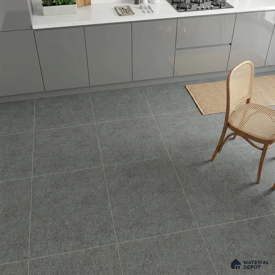 Modern kitchen with grey high gloss laminate cabinets, white marble countertop, and matte grey stone floor tiles