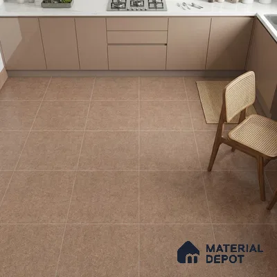 Modern kitchen with taupe high gloss laminate cabinets and matte brown stone floor tiles