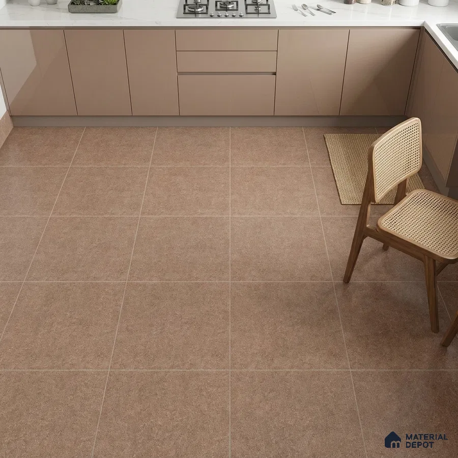 Modern kitchen with taupe high gloss laminate cabinets and matte brown stone floor tiles