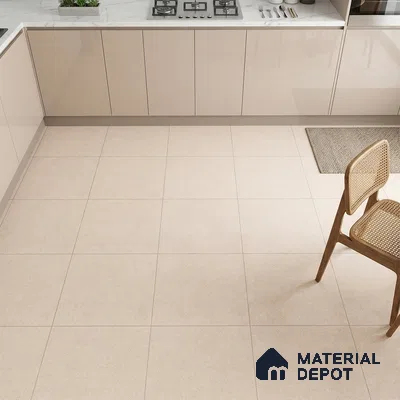 Modern kitchen with beige high gloss laminate cabinets and white marble countertop