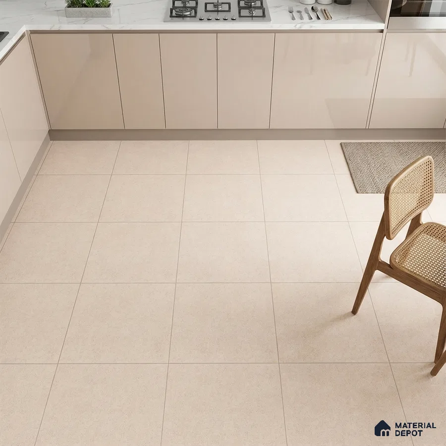 Modern kitchen with beige high gloss laminate cabinets and white marble countertop