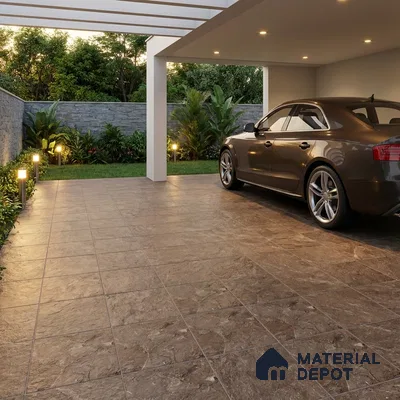 Modern parking with brown stone-look matte floor tiles and grey stone cladding boundary wall