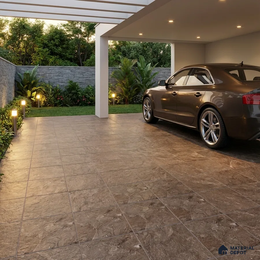 Modern parking with brown stone-look matte floor tiles and grey stone cladding boundary wall
