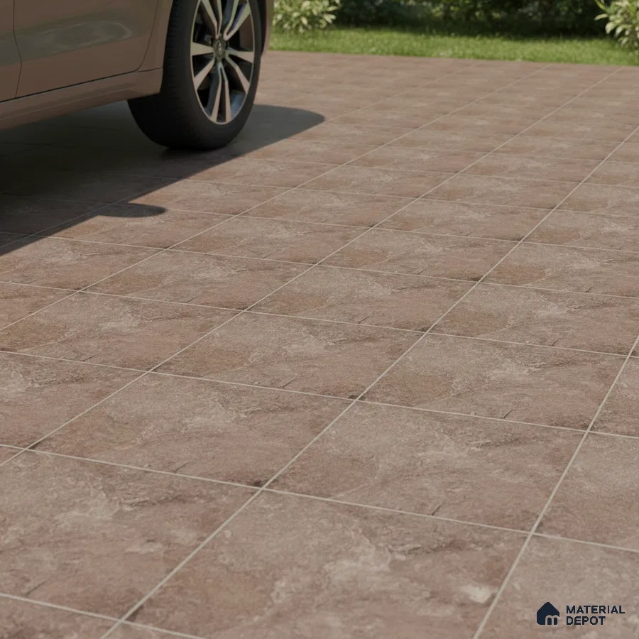 Modern parking area with matte brown stone-look floor tiles