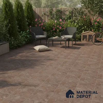 Modern outdoor patio with earthy brown stone-look floor tiles