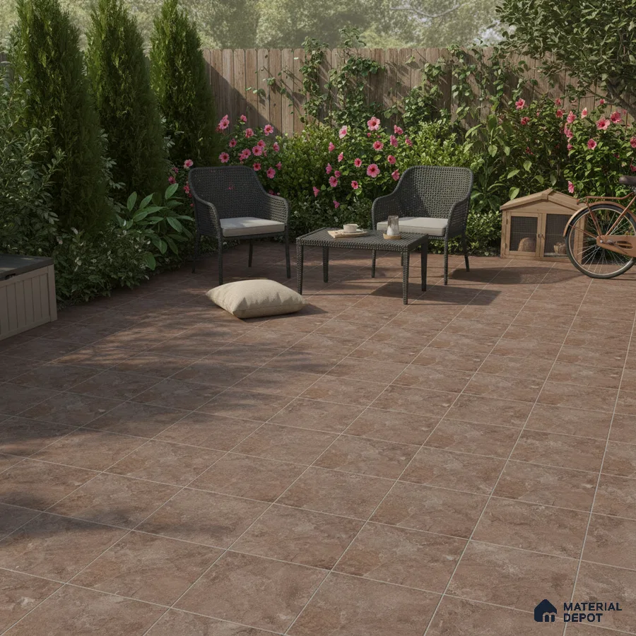 Modern outdoor patio with earthy brown stone-look floor tiles