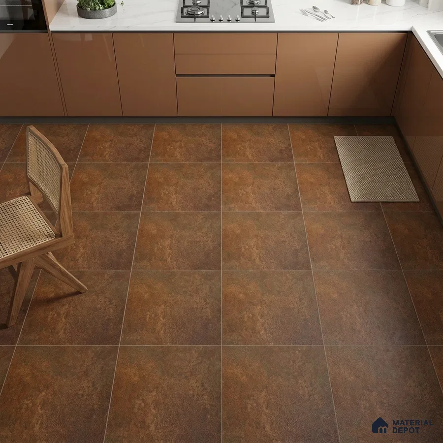Modern kitchen with brown glossy laminate cabinets and rustic brown stone-look floor tiles