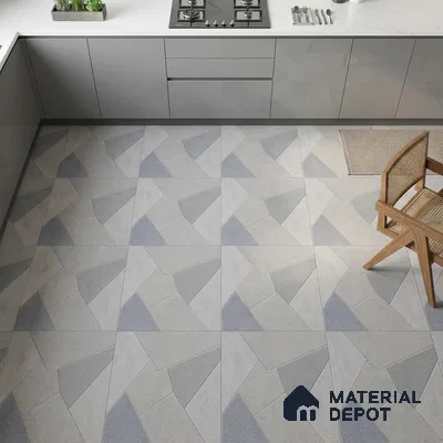 Modern kitchen with grey matte laminate cabinets and geometric patterned floor tiles