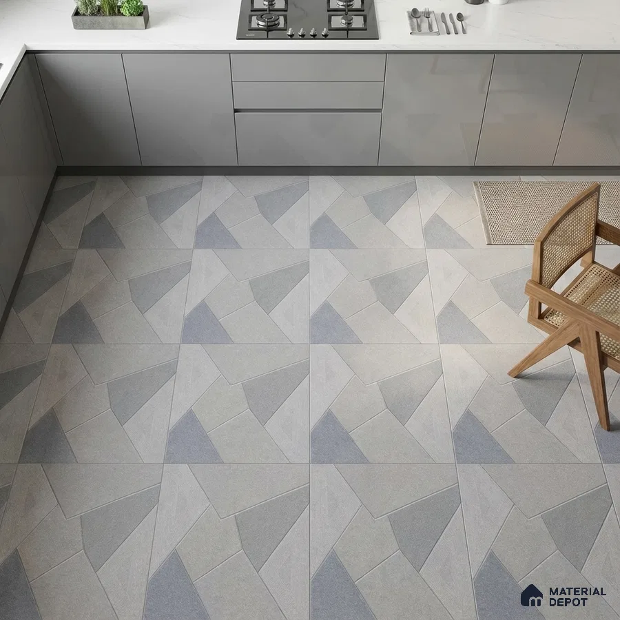 Modern kitchen with grey matte laminate cabinets and geometric patterned floor tiles