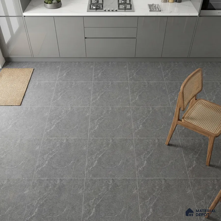 Modern kitchen with grey high gloss laminate cabinets, white marble-look quartz countertop, and grey stone-look floor tiles