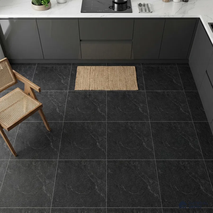 Modern kitchen with charcoal grey matte laminate cabinets and black marble-look floor tiles