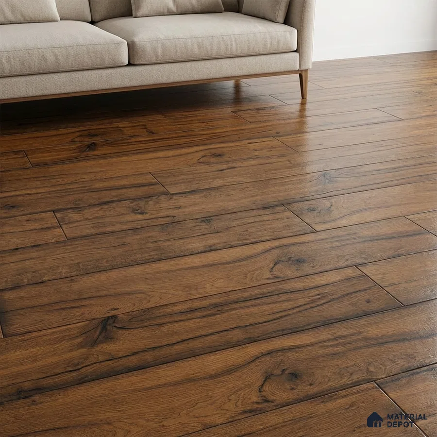 Modern living room with walnut brown wood plank flooring and beige fabric sofa