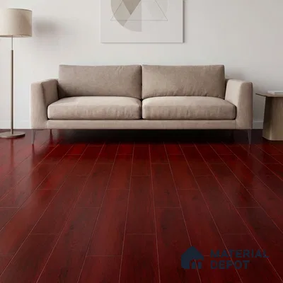 Minimalist living room with rich walnut brown wooden flooring and beige fabric sofa