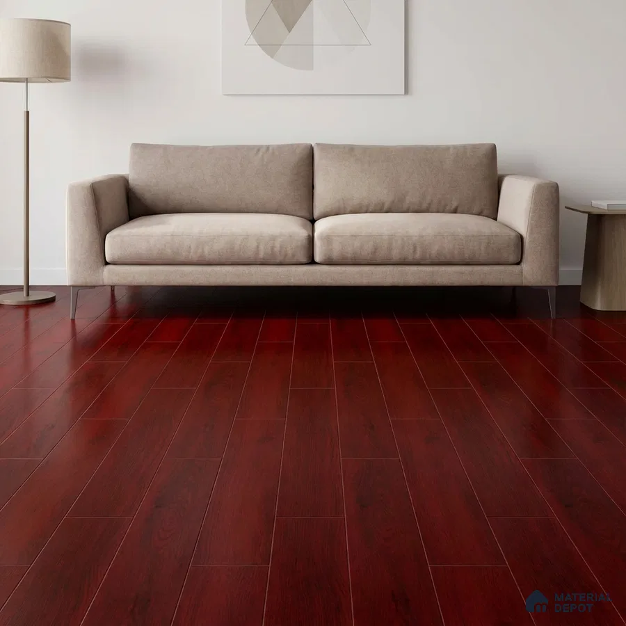 Minimalist living room with rich walnut brown wooden flooring and beige fabric sofa