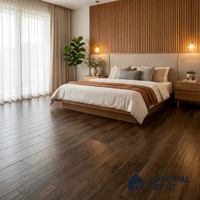 Scandinavian bedroom with walnut wood flooring and vertical wood slat accent wall