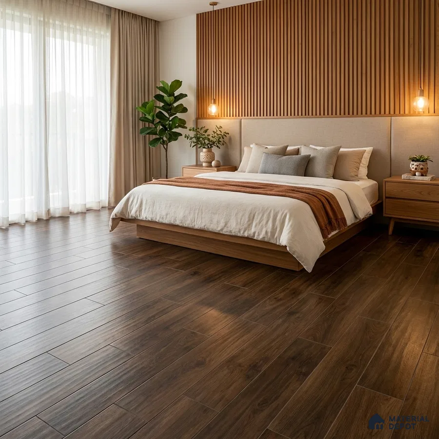 Scandinavian bedroom with walnut wood flooring and vertical wood slat accent wall
