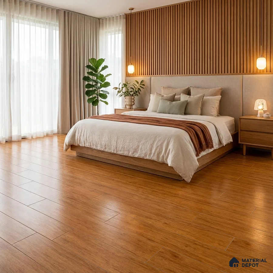 Scandinavian bedroom with oak wood flooring and vertical wood slat accent wall