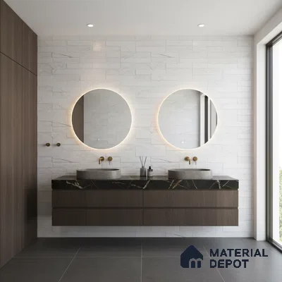 Modern bathroom with white marble wall tiles, black quartz countertop, and walnut brown laminate vanity