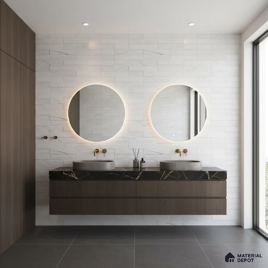 Modern bathroom with white marble wall tiles, black quartz countertop, and walnut brown laminate vanity