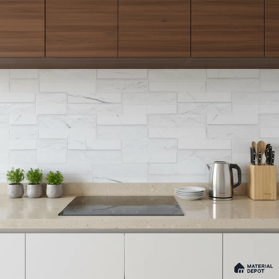 Modern kitchen with walnut laminate cabinets, beige quartz countertop, and white marble-look subway backsplash tiles