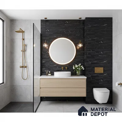 Modern bathroom with black stacked stone wall tile, light wood vanity, and grey marble wall tiles