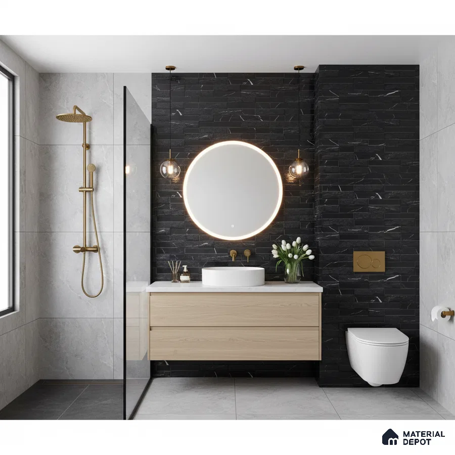Modern bathroom with black stacked stone wall tile, light wood vanity, and grey marble wall tiles