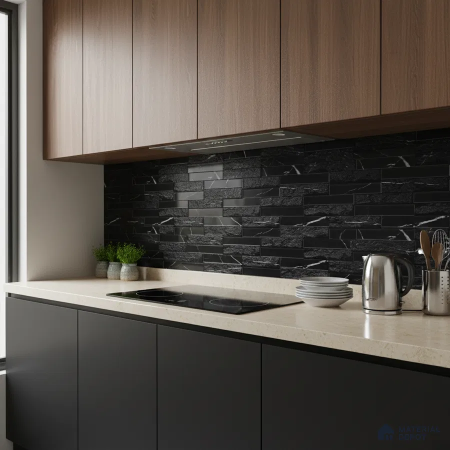 Modern kitchen with walnut laminate cabinets, black marble stacked stone backsplash tile, and beige quartz countertop