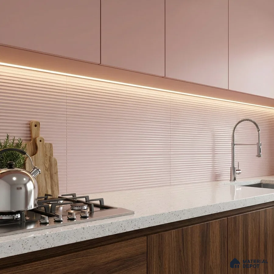 Modern kitchen with pastel pink laminate, ribbed pink backsplash tile, and walnut wood laminate base cabinets