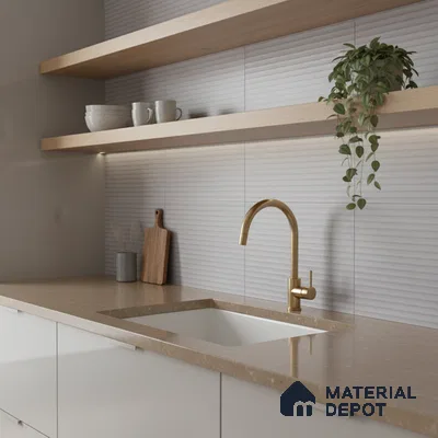 Minimalist kitchen with beige quartz countertop, ribbed white wall tiles, and light wood open shelves